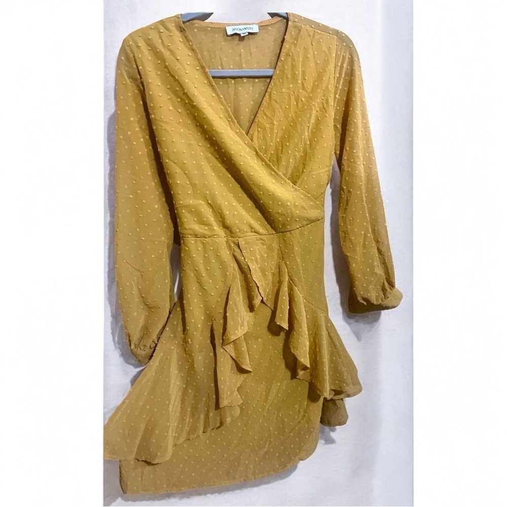 Aooksmery Yellow Swiss Dot Tie Waist Ruffle Long Sleeve Mini Dress Size M